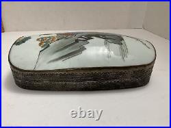 1910s Antique Chinese Silver Plated Porcelain Shard Top Hand Painted Geisha