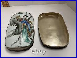 1910s Antique Chinese Silver Plated Porcelain Shard Top Hand Painted Geisha