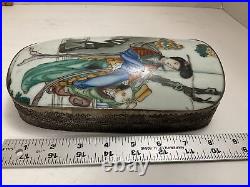 1910s Antique Chinese Silver Plated Porcelain Shard Top Hand Painted Geisha