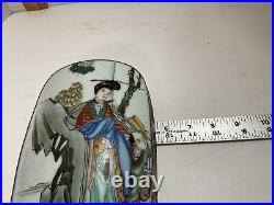 1910s Antique Chinese Silver Plated Porcelain Shard Top Hand Painted Geisha