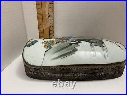 1910s Antique Chinese Silver Plated Porcelain Shard Top Hand Painted Geisha