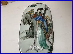 1910s Antique Chinese Silver Plated Porcelain Shard Top Hand Painted Geisha