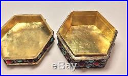 1920 Chinese Silver Trinket Box Jade Enamel Carnelian & Turquoise