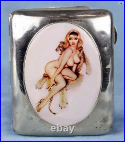 1920s Erotic Antique British Lady Panther Silver Pictorial Enamel Cigarette Case