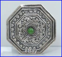 1925 Chinese Export Sterling Silver Green Nephrite Jade Jewelry Trinket Box