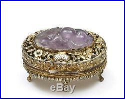 1930's Chinese Amethyst Carved Carving Plaque Gilt Sterling Silver Enamel Box Mk
