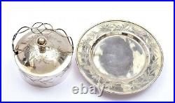 1930's Chinese Export Silver Butter Dish Cream Basket Box Glass Bowl Bamboo Mk