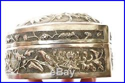 1930's Chinese Low Grade Silver Repousse Heart Shaped Box Bird Plum Blossom Mk