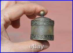 1930's Chinese Silver Brass Jadeite Carved Carving Archer Ring Box Salt Shaker