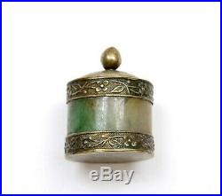 1930's Chinese Silver Brass Jadeite Carved Carving Archer Ring Box Salt Shaker