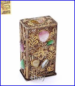 1930's Chinese Silver Gilt Filigree Jadeite Tourmaline Jewel Bead Opium Box Mark