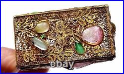 1930's Chinese Silver Gilt Filigree Jadeite Tourmaline Jewel Bead Opium Box Mark