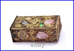 1930's Chinese Silver Gilt Filigree Jadeite Tourmaline Jewel Bead Opium Box Mark