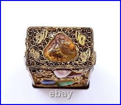 1930's Chinese Silver Gilt Filigree Jadeite Tourmaline Jewel Bead Opium Box Mark