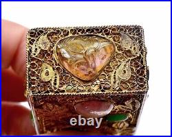 1930's Chinese Silver Gilt Filigree Jadeite Tourmaline Jewel Bead Opium Box Mark