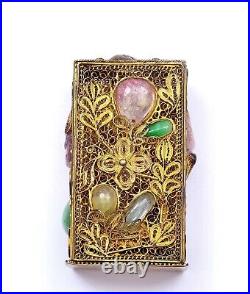 1930's Chinese Silver Gilt Filigree Jadeite Tourmaline Jewel Bead Opium Box Mark