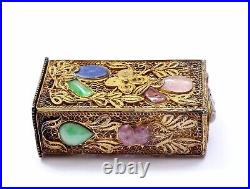 1930's Chinese Silver Gilt Filigree Jadeite Tourmaline Jewel Bead Opium Box Mark