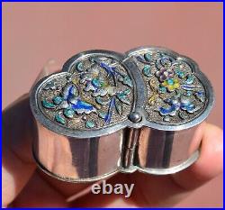 1930's Chinese Solid Silver Enamel Butterfly Shaped Pill Box