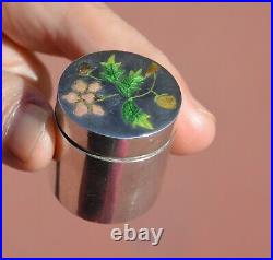 1930's Chinese Solid Silver Enamel Pill Box Flower Marked