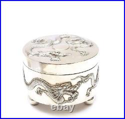 1930's Chinese Solid Silver Repousse Round Box with Dragon Marked 429 Gram