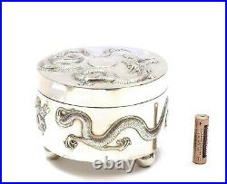 1930's Chinese Solid Silver Repousse Round Box with Dragon Marked 429 Gram