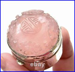 1930's Chinese Sterling Silver Rose Quartz Carved Button Calligraphy Pill Box Mk