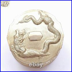 1930s Chinese Solid Silver Repousse Dragon Lobed Shaped Round Box Marked
