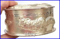 1930s Chinese Solid Silver Repousse Dragon Lobed Shaped Round Box Marked