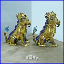 1940's Chinese Silver Gilt Enamel Foo Dogs Lions Original Box Mint 3.25 Each