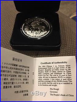 1994 Chinese 1 Oz Silver Unicorn Coin In Box With COA