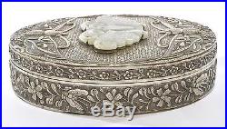 19C Chinese Russet White Jade Carved Butterfly Plaque Silver Plated Scholar Box