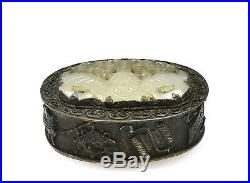 19C Chinese White Jade Carved Carving Bat Calligraphy Plaque Sterling Silver Box