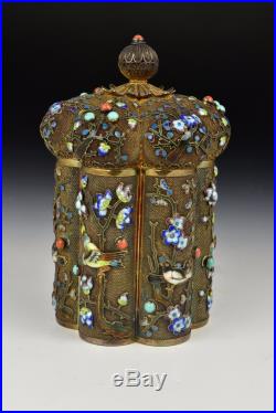 19th / 20th Century Chinese Silver & Enamel Covered Box with Turquoise & Coral