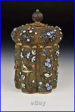 19th / 20th Century Chinese Silver & Enamel Covered Box with Turquoise & Coral