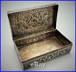 19th C ANTIQUE CHINESE SILVER BOX SIGNED WITH DRAGONS
