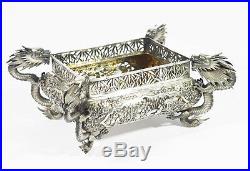 19th C Antique Chinese Export Silver Jardiniere Sign Wang Hing Dragon Figures