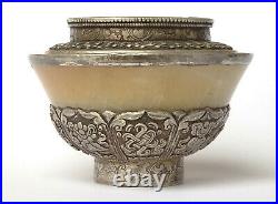 19th C Antique Chinese Mongolian Sterling Silver Hardstone Cup Bowl Qing Dynasty