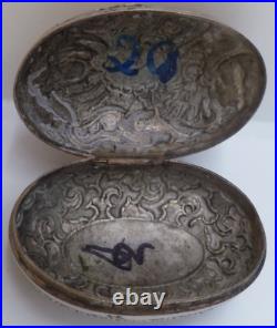 19th C Chinese Silver Repouse Work Pill Opium Box. Dragons