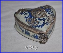 19th Century Antique Chinese Silver Porcelain Trinket Box Dragon Hand Painted