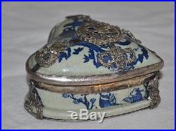 19th Century Antique Chinese Silver Porcelain Trinket Box Dragon Hand Painted