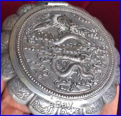 19th Century China Chinese Solid Silver Dragon Powder Case Box
