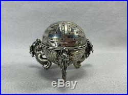 19th Century Chinese Export Silver Incense Holder Box w Three Dragon Feet Signed