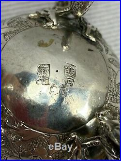 19th Century Chinese Export Silver Incense Holder Box w Three Dragon Feet Signed