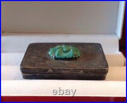 19th Century Silver Etched and Hand Carved Turquoise Flower Pill Box