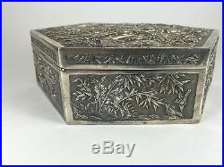19th Chinese Export Silver Hexagonal Box with Pagoda Scene & Dragons Wang Hing