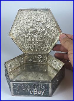 19th Chinese Export Silver Hexagonal Box with Pagoda Scene & Dragons Wang Hing