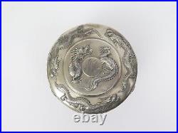 19th c Chinese Export Footed Silver Dragon Box Kwong Man Shing (KMS) 6.5 x 5.5