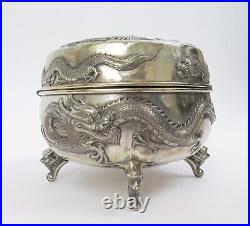 19th c Chinese Export Footed Silver Dragon Box Kwong Man Shing (KMS) 6.5 x 5.5