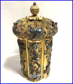 19thC Antique Chinese Silver Gilt Filigree Shaded Enamel Box
