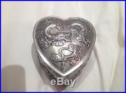 19thC Heavy CHINESE Export SILVER Jewellery / Tobacco HEART Box DRAGONS Signed